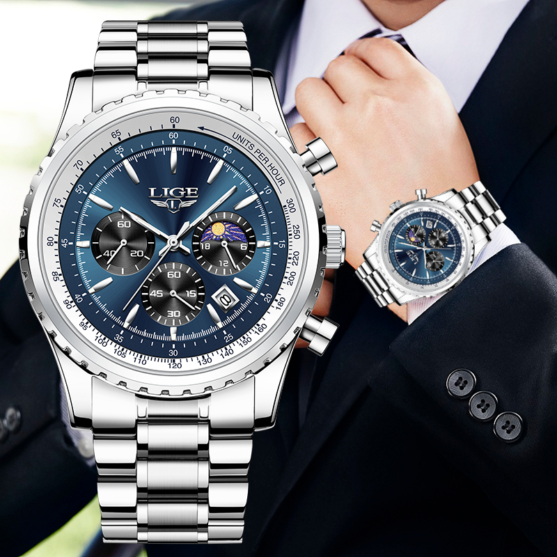 Luxury Watch Maker - นาฬิกาควอทซ์หรูหราแบรนด์ Lige สำหรับผู้ชายเฟสดวงจันทร์นาฬิกาข้อมือสแตนเลสสำหรับผู้ชายลำลองวันที่กันน้ำสำหรับกีฬาพิเศษ