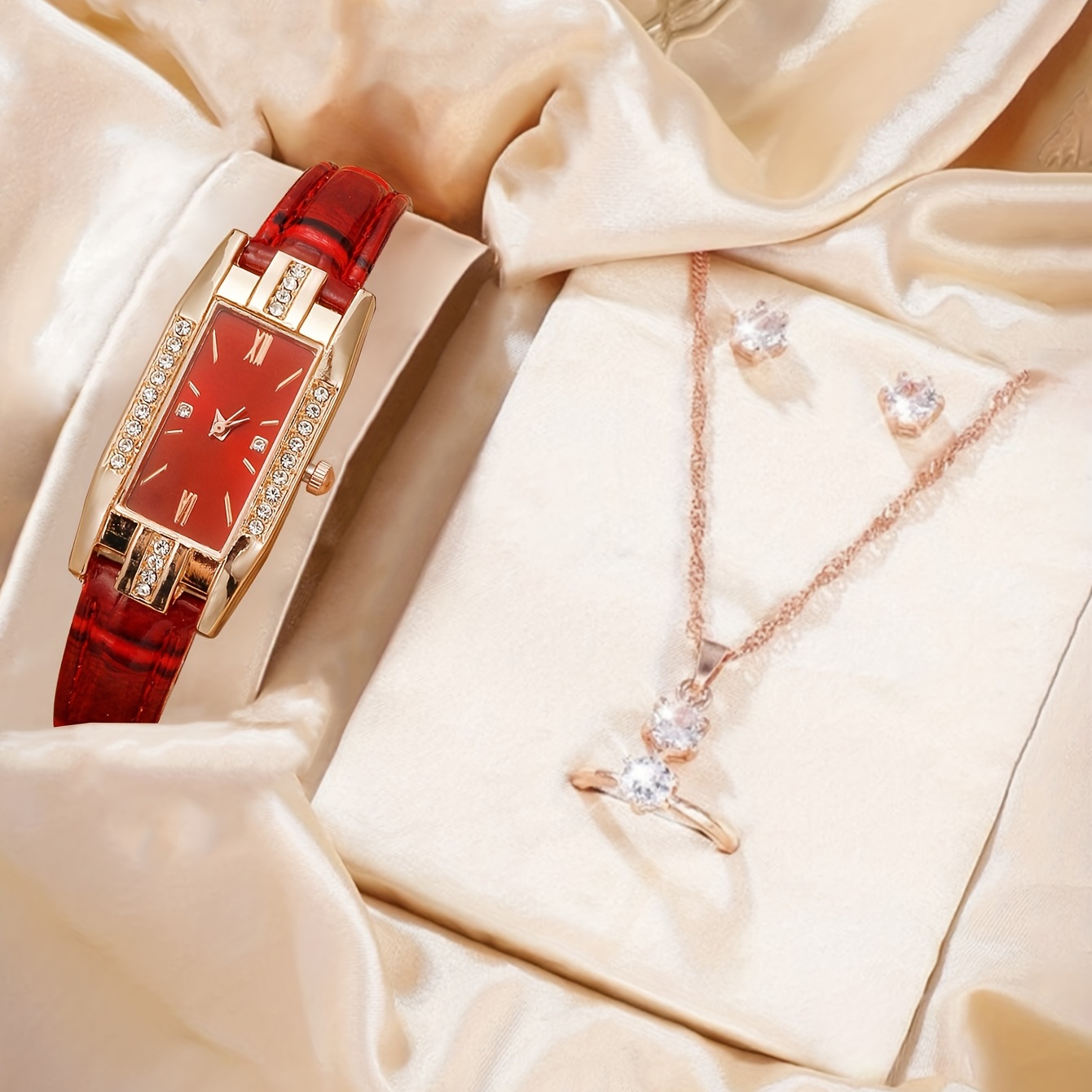 Luxury Watch Gift For Her - นาฬิกาควอตซ์หรูหราประดับเพชรเทียม สไตล์บาโรก สายหนัง PU พร้อมชุดเครื่องประดับ 4