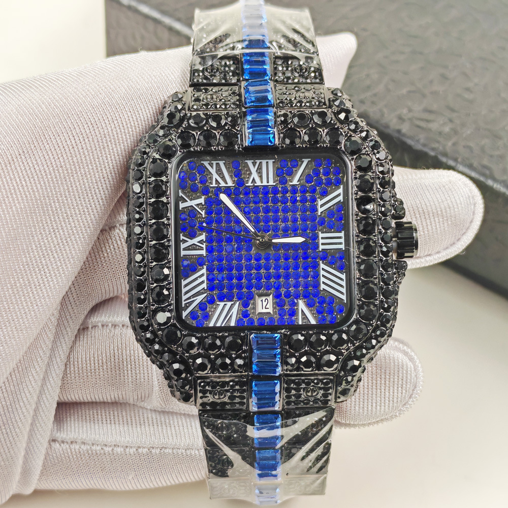 Luxury Watch Iceberg - นาฬิกาควอตซ์ฮิปฮอปสีดำประดับเพชรสำหรับผู้ชาย ตัวเรือนทรงสี่เหลี่ยมประดับเพชรหลากสีสัน นาฬิกาแฟชั่นหรูหรา นาฬิกาข้อมือผู้ชาย