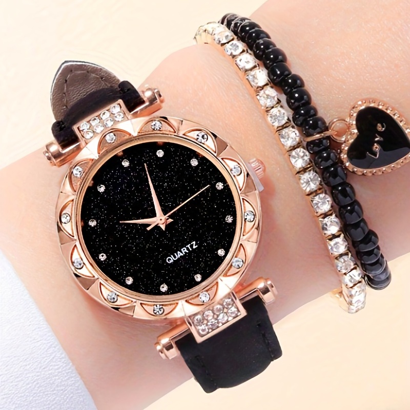 Luxury Watch Gift For Her - นาฬิกาควอตซ์แฟชั่นลายดาวหรูหรา ประดับเพชรเทียม สายหนัง PU พร้อมสร้อยข้อมือ 1