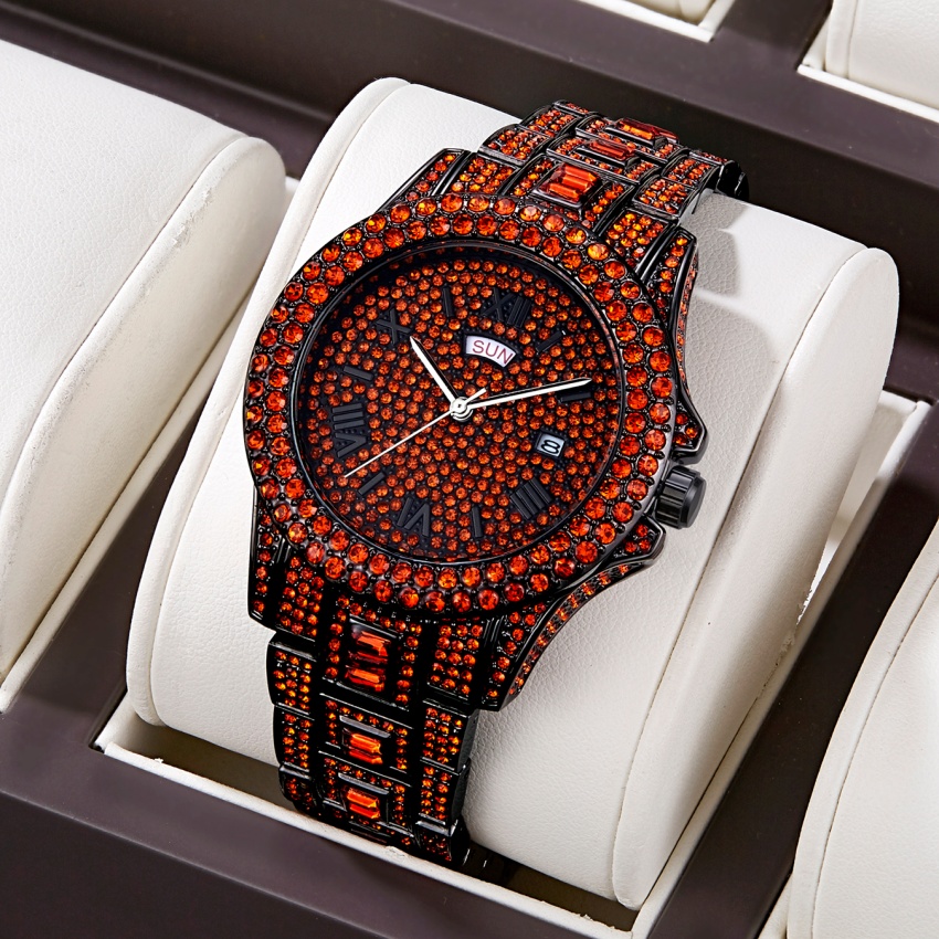 Luxury Watch Iceberg - นาฬิกาข้อมือผู้ชายสุดหรูสไตล์ฮิปฮอป สีแดง สแตนเลส พร้อมปฏิทิน ประดับเพชรเทียม