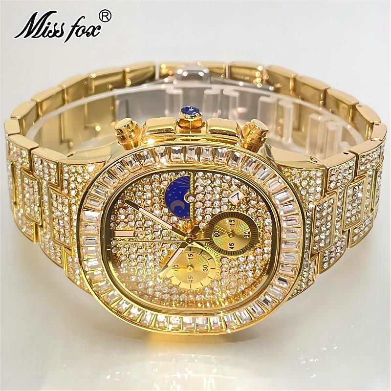 Luxury Watch Iceberg - MISSFOX Luxury Gold นาฬิกาผู้ชายแฟชั่น Iced Out