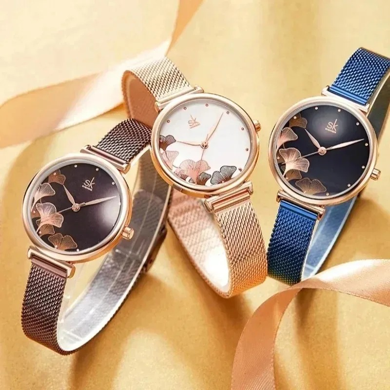 Luxury Watch Gift For Her - นาฬิกาข้อมือผู้หญิงหรู ลายใบแปะก๊วย อิเลแกนท์ ควอตซ์กันน้ำ สายสแตนเลสตาข่าย สำหรับสวมใส่ประจำวันและของขวัญวันหยุด